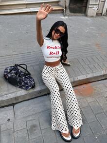 Fall/Winter Colorblock Polka Dot Casual Pants For Women, Versatile For Home And Going Out, Draped Low Waist Straight Leg Long Pants - White - View 6