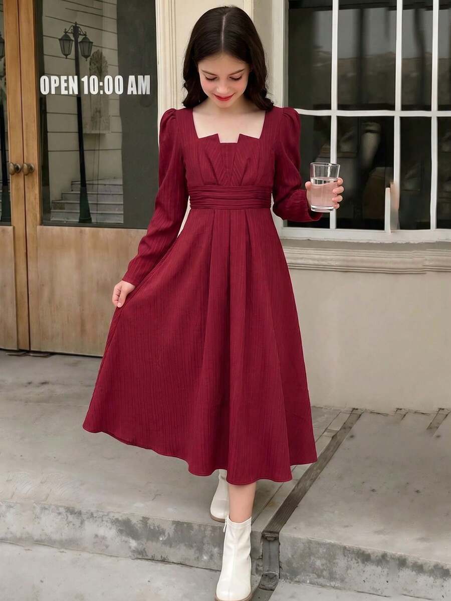 Girls' 2026 Autumn/Winter Christmas New Deep Red New Year Pleated Vintage Square Neck Long Sleeve A-Line Dress, Suitable For Class Reunion, Daily Wear And Party - Red - View 1