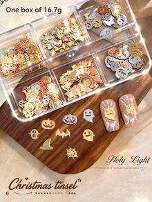 Fall Halloween Metal Nail Charms 6 Grids Box Ghost Pumpkin Bat DIY Nail Decorations - Gold - View 4