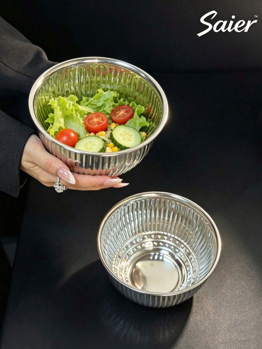 6件/3件/1件裝 銀色不鏽鋼直紋沙拉碗 加厚圓形烹飪碗 波浪造型水果泡麵廚房盛裝碗 多件組合 可洗碗機使用 適合居家日常廚房餐具 - 彩色 - 查看 1