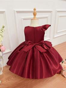 Baby Girls Round Neck Ruffle Embroidered Bow Wine Red Satin Elegant Ball Gown Suitable For Birthday Wedding First Birthday Baby Party - Burgundy - View 6