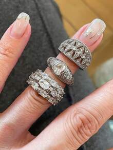 3pcs French Vintage Exquisite Luxurious Hollow Rings, High-End Elegant Minimalist Atmospheric Multi-Layer Carved Wide Band Rings, Niche Light Luxury Personalized Fashionable Cubic Zirconia Ring Set, Suitable For Women's Daily, Holiday, Commute, Date, Party Wear - Silver - View 2