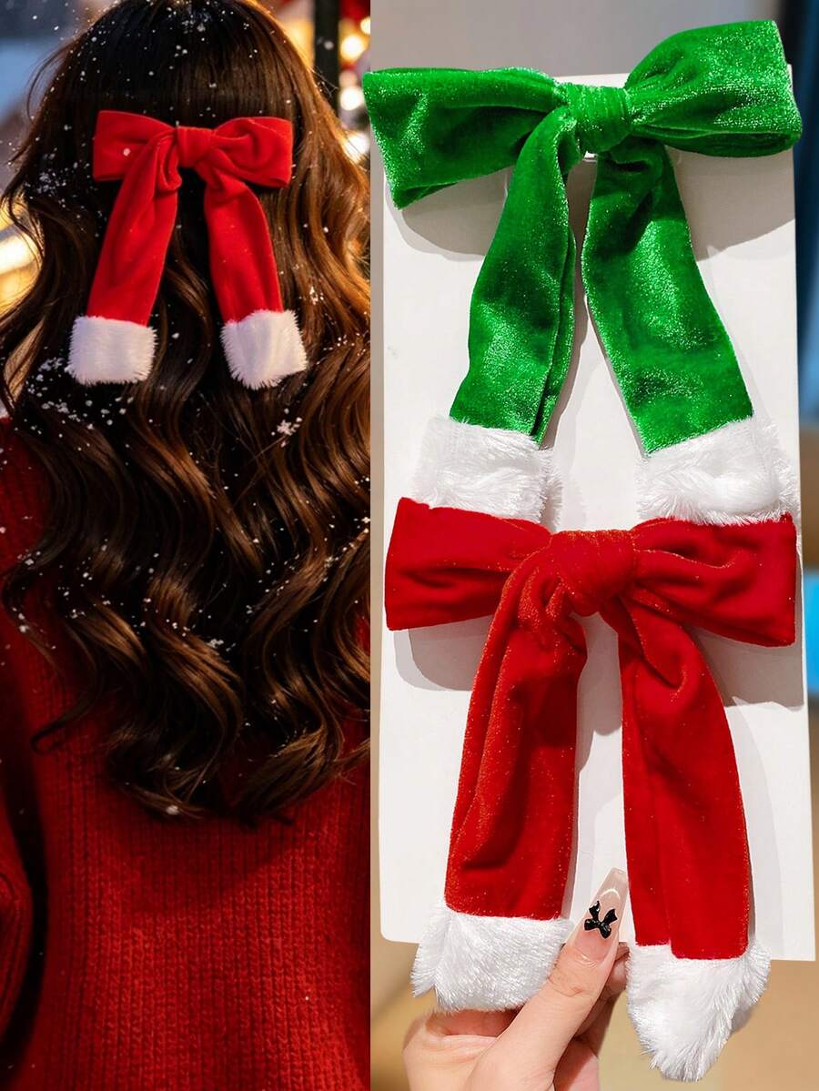 2pcs Christmas Large Bow Hair Clips, Red & Green Plush Ribbon Top Clips, Christmas Atmosphere Back Head Hair Accessory For Photos, Suitable For Christmas Party, Holiday Photos, Dating, Christmas Outfit, Gift