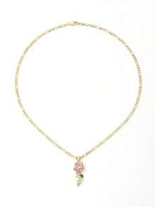 1 High-Quality Rose Pendant Necklace, Branches Dotted With Broken Diamonds And Green Enamel Leaves Suitable For Girls To Wear On Many Occasions. - Yellow Gold - View 5