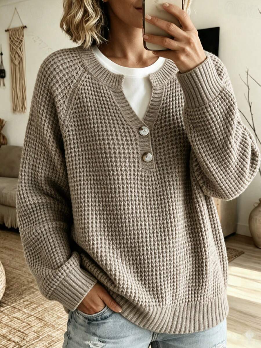 Women's Fall Winter Oatmeal Waffle Knit Henley Neck Raglan Sleeve Oversized Pullover Sweater, Minimalist Casual Daily Commute Wear - Oatmeal Color - View 1