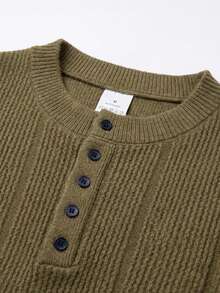 glestore Men's Vintage "Old Money Style" Solid Color Front Button Pullover Sweater, Casual & Comfortable, Classic All-Season Versatile Piece - Olive Green - View 6
