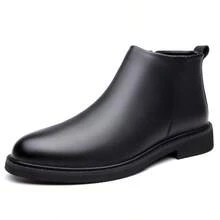 Men's Smooth Leather Ankle Boots Side Stitching Detail Heel Pull Tab Round Toe Low Block Heel Black Slip On Casual Business Daily Wear Shoes - Black - View 9