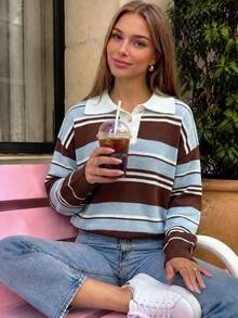 Fancy Everywear Women's Half-Button Front Top, Autumn/Winter New Arrival, Elegant Versatile Striped Style, Fashion Casual, Suitable For Outings - Multicolor - View 8