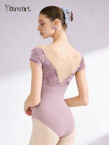 DonsGirl 1pc Women's Vintage Palace Style Velvet Patchwork Short Sleeve Fitted Jumpsuit - Ballet & Modern Dance Classical Performance Costume - Dusty Purple - View 9