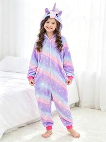 Tween Girl Purple Starry Sky Unicorn Long Sleeve Jumpsuit - Multicolor - View 3