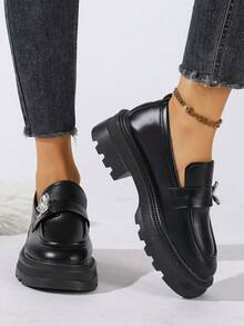 Women's Wedge Heel Thick Sole Loafers Plus Size 2026 Spring/Autumn New British Style Fashion Slip-On Leather Shoes - Black - View 3