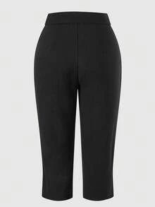 Women High Waist Single Button Capri Pants, Slim Fit Cropped Trousers, Elegant Office Work Pants - Black - View 3
