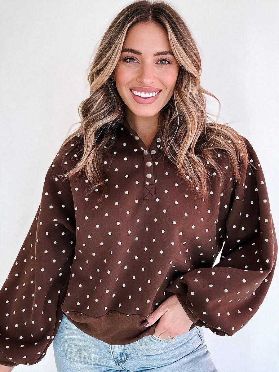 Acelitt Sweatshirt Crop Top Lengan Raglan Kerah Kancing Jepret Motif Polka Dot - Coklat - View 1