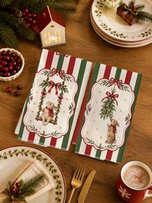 2PCS Kitchen Towels Christmas Rabbit Striped Print 40*60cm Country Farm Style Rectangular Microfiber Kitchen Towels, Dish Cloths, Tablecloths, Hand Towels, Bathroom Kitchen Decor, Christmas Home Decor, Neighbor Housewarming Gift, Perfect For Kitchen And Bathroom Use, Suitable For Housewives And Family Gatherings, High Value, Household Essential - Multicolor - View 5