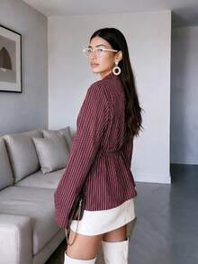 Women's Casual Striped Side Waist Tie Fashion Shirt - Burgundy - View 6