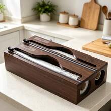 Cling Film Storage & Cutting Box, Foil & Cling Film Storage Box, Dual Compartment Cling Film Cutter, Rectangular, For Kitchen Cutting Cling Film & Aluminum Foil, Suitable For Back To School Season - Brown - View 3