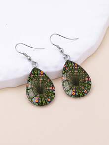 YUJUGLOW 1 Pair Colorful 3D Tunnel Abstract Art Pattern With 316 Stainless Steel Water Drop Earrings, Suitable For Women's Daily Wear - Dark Green - View 3