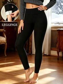 Women's Autumn/Winter Thermal Lined Warm Leggings, Solid Color High Elasticity Sports Pants, Winter Sportswear - Black - View 5