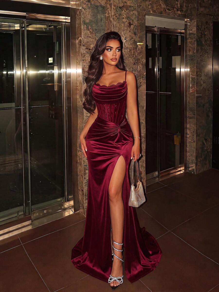 ADYCE Elegant Spaghetti Strap Lace Patchwork High Waist Pleated Slit Backless Floor Length Maxi Dress, Suitable For Ball, Evening Party, Date, Wedding Guest, Dinner, Autumn - Burgundy - View 1