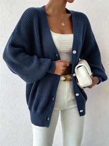 Women's Casual Navy Blue Knit Cardigan, Front Button Design, Long Lantern Sleeves, Autumn/Winter Outfit - Navy Blue - View 2