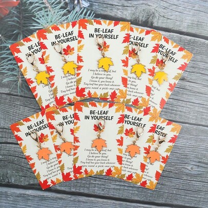 5pcs/10pcs Autumn Maple Leaf Thanksgiving Theme Keychain, Comes With "Be Yourself" Encouragement Support Leaf Greeting Card, Thanksgiving Gift, Autumn Party Favor, Colleague Appreciation Blessing Support Gift, Daily Backpack Accessory