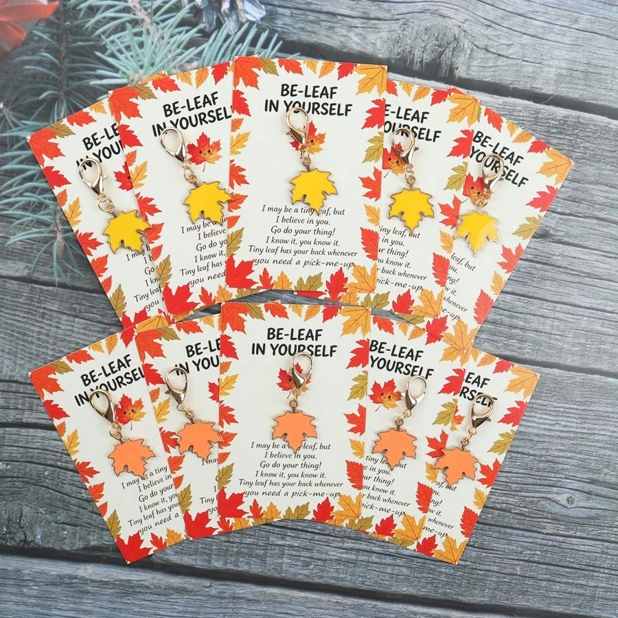 5pcs/10pcs Autumn Maple Leaf Thanksgiving Theme Keychain, Comes With "Be Yourself" Encouragement Support Leaf Greeting Card, Thanksgiving Gift, Autumn Party Favor, Colleague Appreciation Blessing Support Gift, Daily Backpack Accessory - Multicolor - View 1