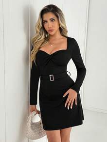 Elegant Women's Black Long Sleeve Short Dress, Sexy Square Neck Design, Suitable For Halloween, Party And Date - Black - View 10
