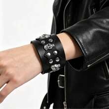 2pcs Black Motorcycle Style Fashion Punk Bracelet Set, Suitable For Men's Daily Riding And Outdoor Fashion Wear, Exquisite Bracelet Gift Set For Men - Black - View 3
