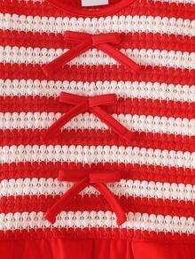 Setelan 2 Potong Rajut Bergaris Merah & Putih untuk Anak Perempuan, Atasan Crop Top & Rok Mini Manis untuk Musim Semi/Gugur, Atasan Lengan Panjang Leher Bulat dengan Banyak Pita Merah dan Hem Bergelombang, Rok Mini Bodycon Pinggang Tinggi dengan Hem Bergelombang Bergaris yang Serasi, Kain Bergaris Elastis, Lembut & Ramah Kulit, Menarik Perhatian untuk Liburan, Jalan-jalan, dan Foto, Gaya Manis & Menarik untuk Pakaian Sehari-hari untuk Anak Perempuan Usia 4-7 Tahun - Merah - View 5