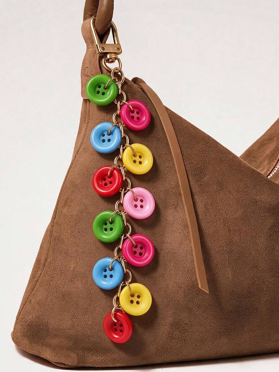 1pc Colorful Resin Button Keychain Bag Charm, Lightweight And Durable, Solid Color Button Mix, Rainbow Bright Color Scheme, Cute Y2K Aesthetic Style, Cute Accessory, Unique Button Tassel Design, Eye-Catching And Bright, Make Your Bag More Distinctive - Multicolor - View 1