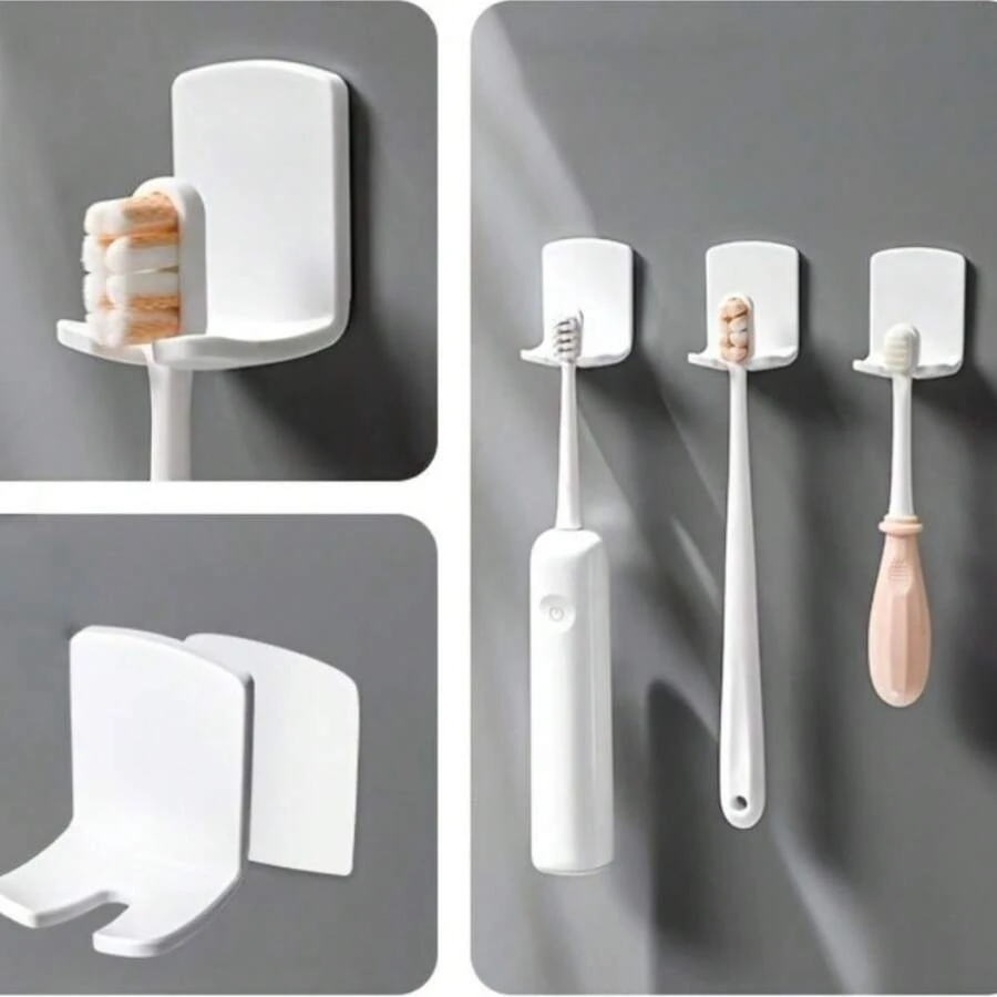 2/4pcs Space-Saving Wall-Mounted Toothbrush Holder, No Drilling Required, Multi-Functional Bathroom Storage Rack, Suitable For Toothbrushes And Accessories - White - View 1