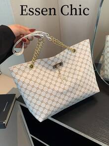 1件白色金屬鹿飾五金裝飾復古花卉大容量PU托特包女款單肩包 - 白色 - 查看 1