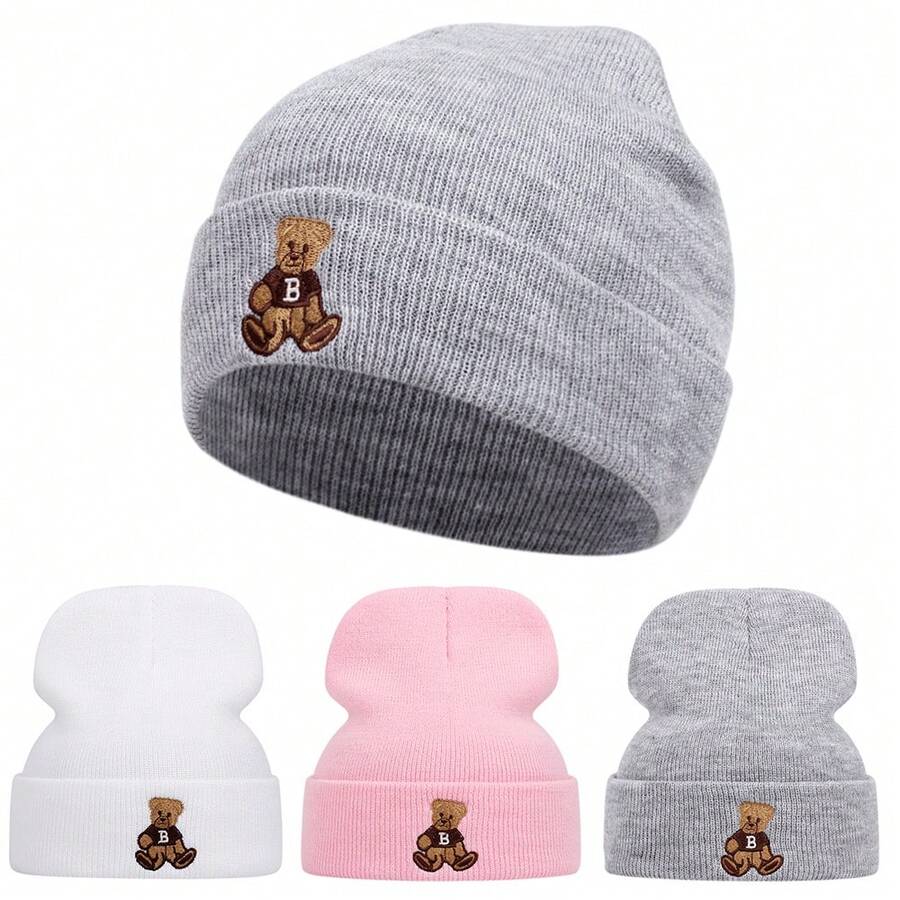 1pc Cute Bear Embroidery Beanie Hat, Autumn/Winter Unisex Outdoor Skiing Knit Cap, Fashion Hip-Hop Beanie - Multicolor - View 1