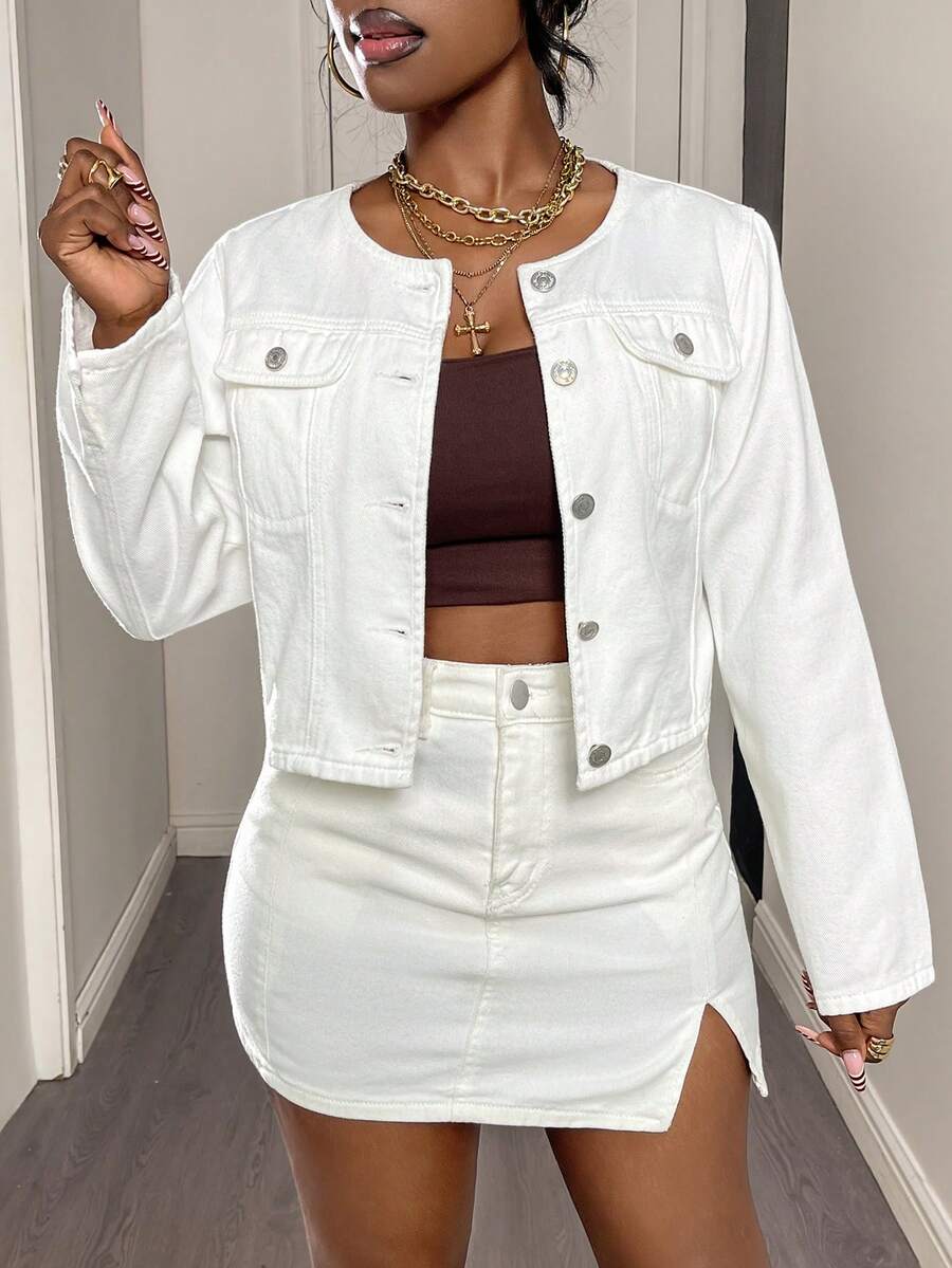 Women's White Round Neck Short Denim Jacket (Jacket Only), Faux Pocket Decoration Single-Breasted Long Sleeve Autumn New Versatile Jacket Top - White - View 1