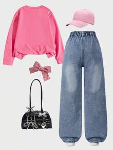 Tween Girl' Outfit Set, Bow Print Sweatshirt And American Sweet Cool Fashion Bow Ribbon Distressed Ripped Denim Jeans, Autumn/Winter Daily Fashion Outfit - Multicolor - View 2