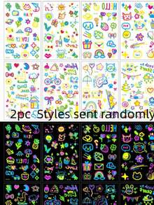 2pcs Fluorescent Neon UV Reactive Temporary Tattoo Stickers, Blacklight Body Art Decals, UV Glowing Tattoo Stickers For Night Party, Music Festival Party Decoration And Body Painting - Multicolor - View 9