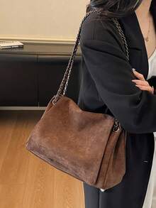 1pc Women's Solid Color Autumn/Winter New Suede Velvet Shoulder Crossbody Bag, Fashion Braided Chain Minimalist Flap Square Bag, Suitable For Commuting And Shopping - Coffee Brown - View 4