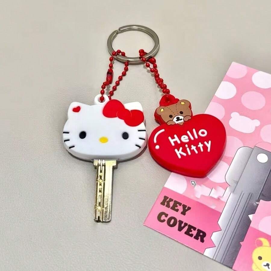 Hasbro 1 Set Of Sanrio Kawaii Hello Kitty Silicone Keychain Kitten & Love Dustproof Protective Cover Anime Cartoon Bear Portable Anti-Lost Keychain Women's Gift - Multi-color - View 1