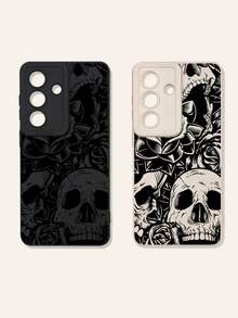 2pcs Vintage Skull & Flower Print Phone Cases, Dark Style Phone Cases, Black & White Phone Cases, Compatible With IPhone & Galaxy Phones, Phone Protective Covers - Multicolor - View 49