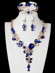 1 Set European And American Fashion Women's Rhinestone Gemstone Flower Water Drop Pendant Collarbone Necklace Set, Suitable For Party, Banquet, Evening Dress, Holiday Events - Flower Water Drop Necklace Set - View 2