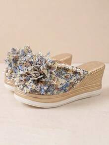 Floral 3D Flower Wedge Mules For Women, Pearl Trim Open Toe Platform Slides - Multicolor - View 6