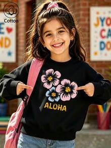 سويت شيرت بياقة دائرية وقصة عادية للفتيات، مزين بطبعة زهور وكلمة "ALOHA"، مناسب للارتداء اليومي في فصلي الربيع والخريف - الأسود - مشاهدة 8