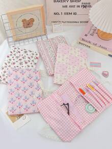 1 buah Kotak Pensil Motif Bunga Gaya Korea Warna Pink untuk Perempuan, Kotak Alat Tulis Siswa Kapasitas Besar dengan Penutup Kancing Jepret, Tas Penyimpanan Multifungsi - MultiWarna - View 1