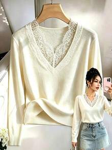 Women's Autumn White Casual Solid Color Crew Neck Long Sleeve Loose Short Pullover Sweater, Lace Patchwork Design - White - View 1
