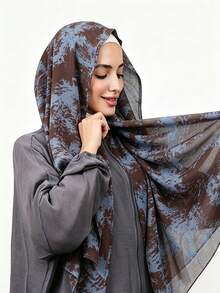 1pc New Printed Chiffon Muslim Hijab, Soft And Breathable Daily Wear Printed Scarf, Modest Hijab Shawl - #155 Coffee Green - View 3