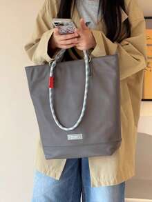 Women's Nylon Tote Bag, Solid Color, Nylon Braided Rope Handle, Metal Ring, Large Capacity, Minimalist Style, Suitable For Daily Work And Shopping - Grey - View 3