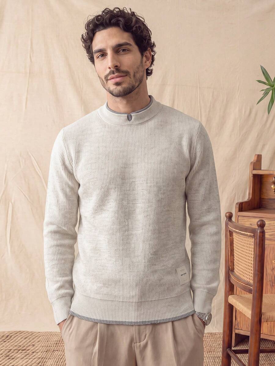 glestore Men's Retro "Old Money" Style Gray-Toned 2 In 1 Crew-Neck Sweater Casual And Comfortable, A Classic All-Season Versatile Piece - Beige - View 1
