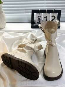 Women's Slouch Mid-Calf Boots, Round Toe, Thick Flat Sole, Heart Embossed, Pull-On, Beige Fashion Boots - Beige - View 3