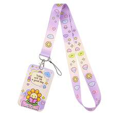 1 Piece Kawaii Positive Quote ID Badge Holder With Lanyard, Cute Sunflower Cloud Heart Print Card Holder For Student Office Work, Lovely Gift - Multicolor - View 13