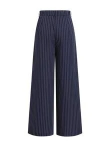Women's Elegant Striped Pleated Pocket Long Pants For Office And Commute - Navy Blue - View 2